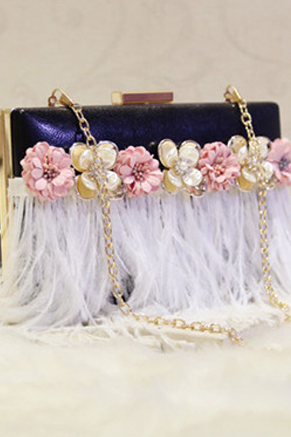 Women Flower Tassel Pearl Decorated Long Chain Clutch Bag