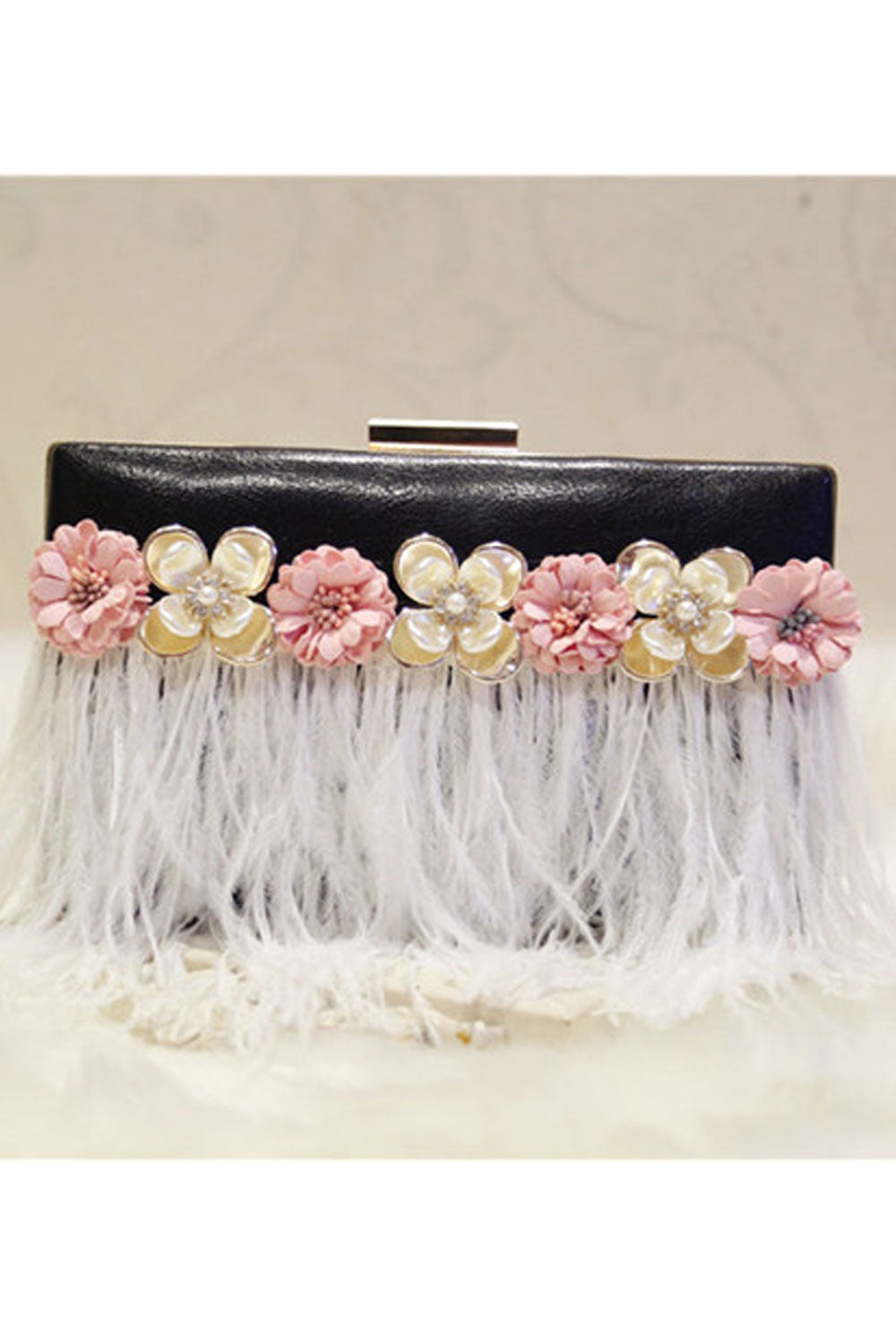 Women Flower Tassel Pearl Decorated Long Chain Clutch Bag