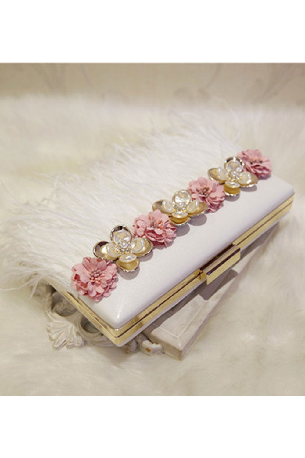Women Flower Tassel Pearl Decorated Long Chain Clutch Bag