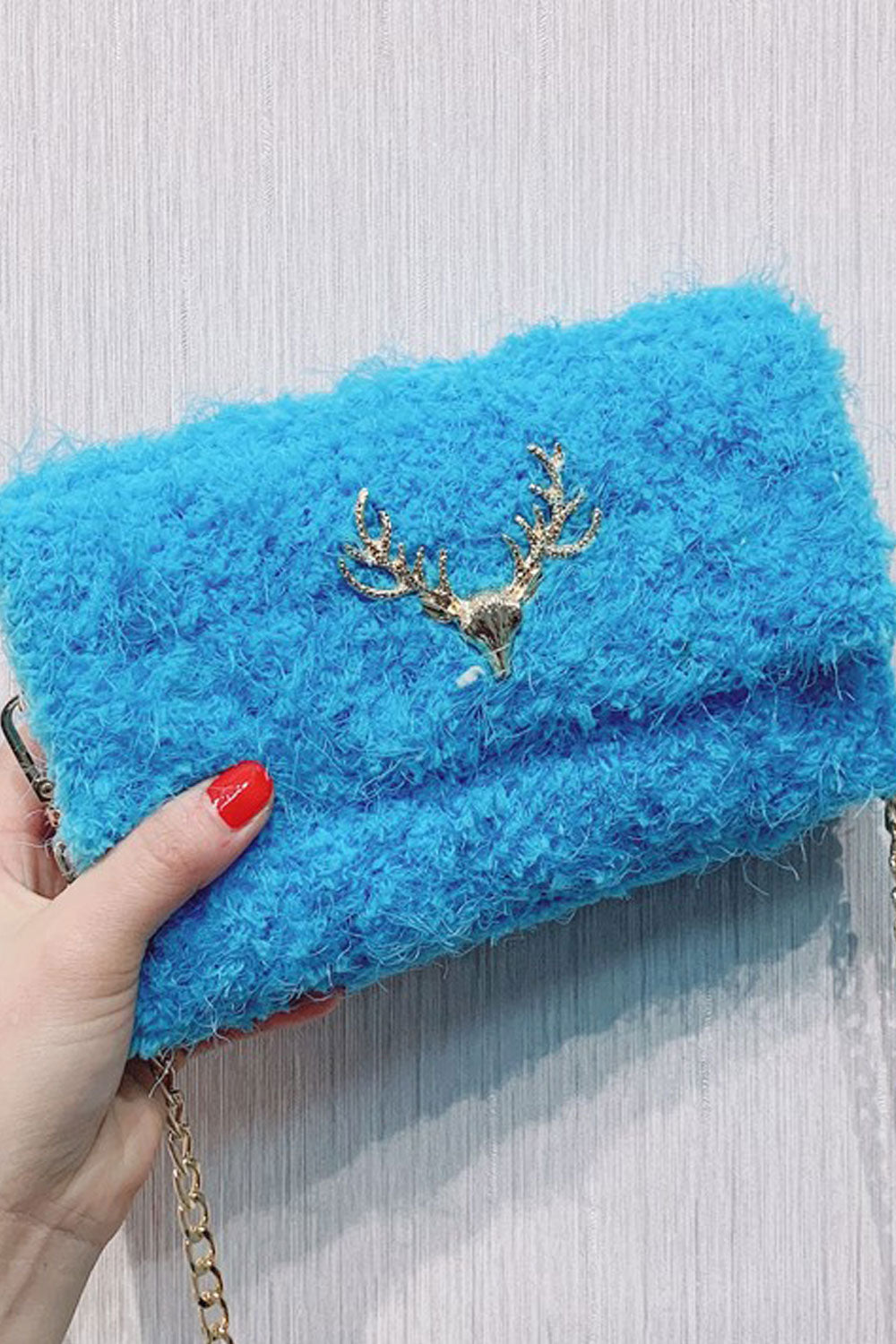 Women Soft Fluffy Button Closure Clutch Bag