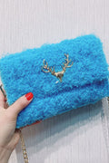 Women Soft Fluffy Button Closure Clutch Bag