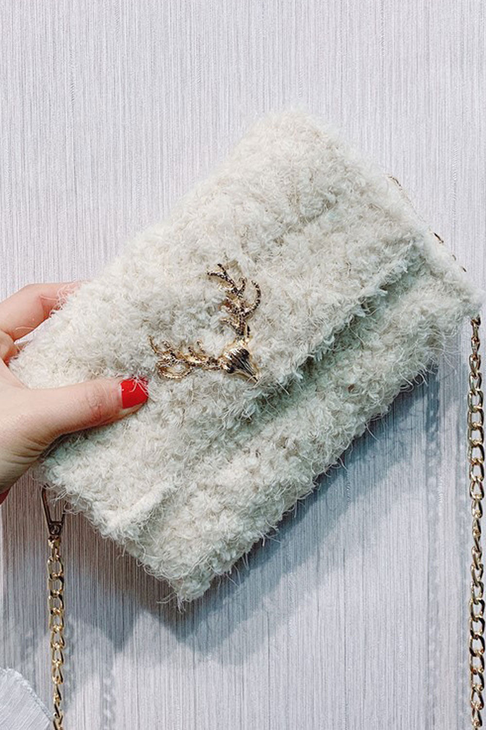 Women Soft Fluffy Button Closure Clutch Bag