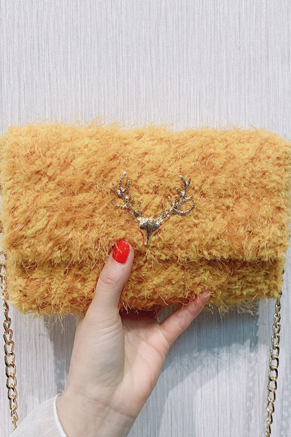 Women Soft Fluffy Button Closure Clutch Bag