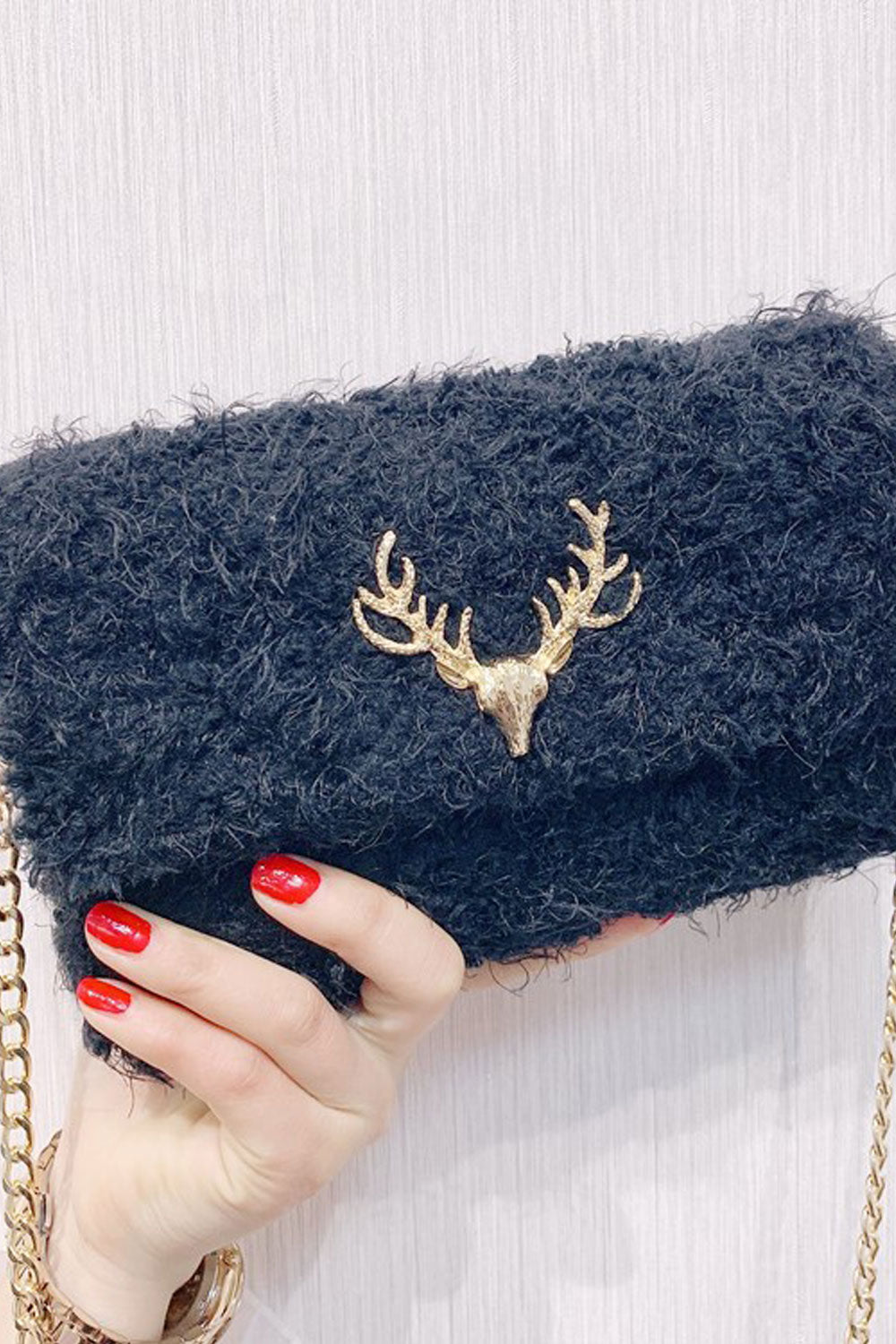 Women Soft Fluffy Button Closure Clutch Bag