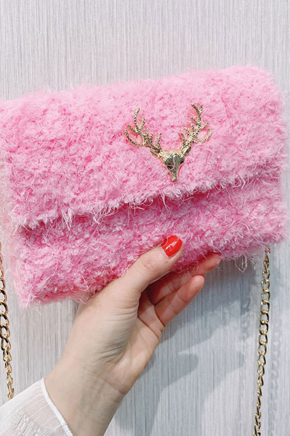 Women Soft Fluffy Button Closure Clutch Bag