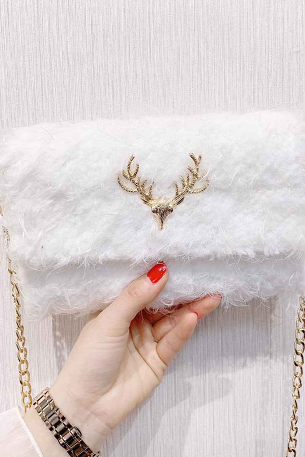 Women Soft Fluffy Button Closure Clutch Bag