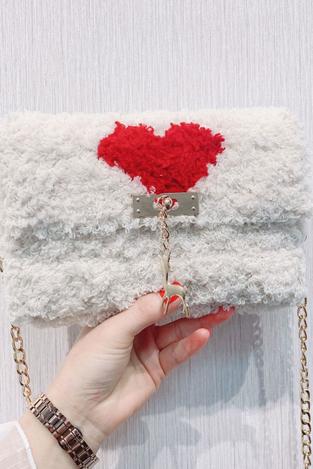 Women Beautiful Love Soft Hairy Button Clousre Clutch bag
