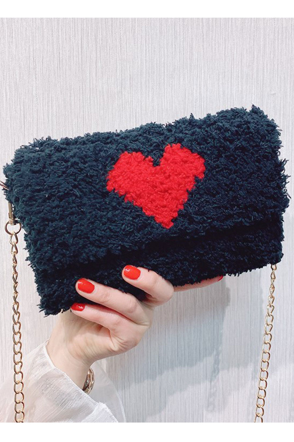 Women Beautiful Love Soft Hairy Button Clousre Clutch bag