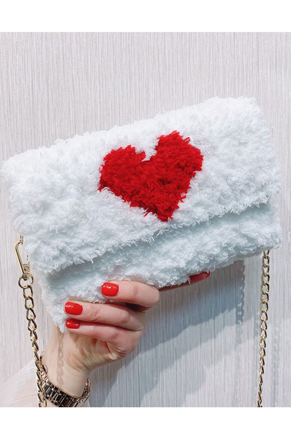 Women Beautiful Love Soft Hairy Button Clousre Clutch bag