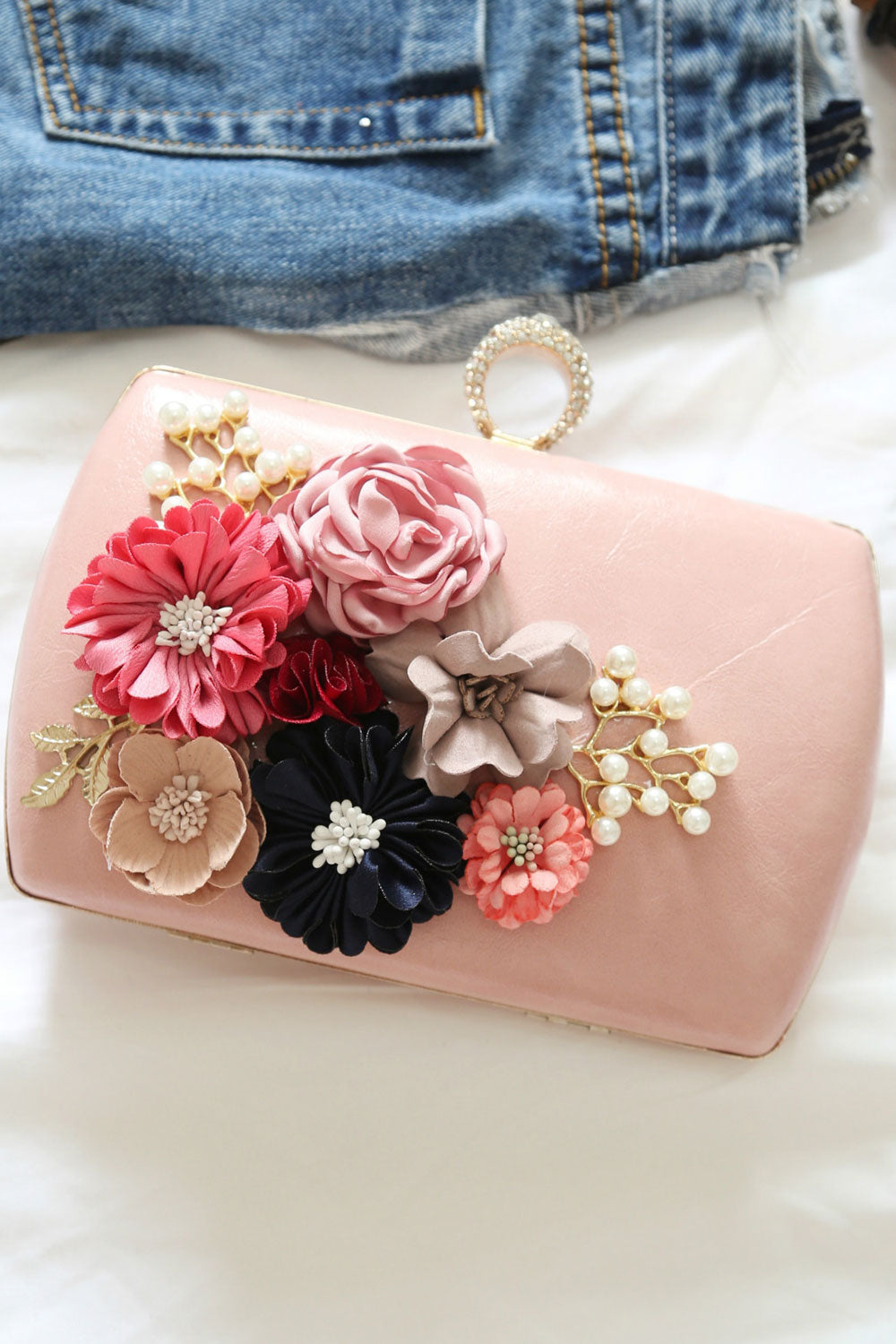 Women Fashion Flower Decorated Ring Hook Closure Diagonal Bag