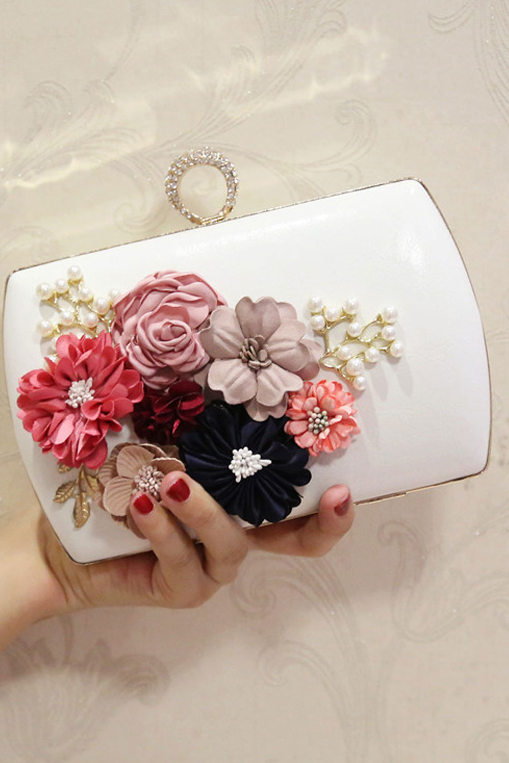 Women Fashion Flower Decorated Ring Hook Closure Diagonal Bag