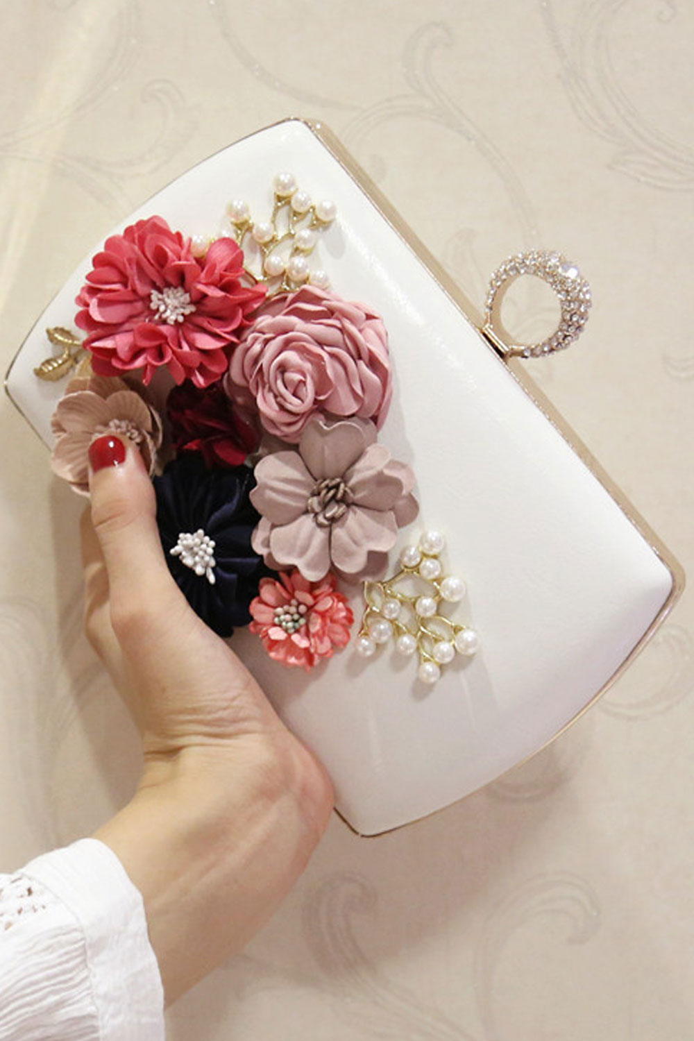 Women Fashion Flower Decorated Ring Hook Closure Diagonal Bag