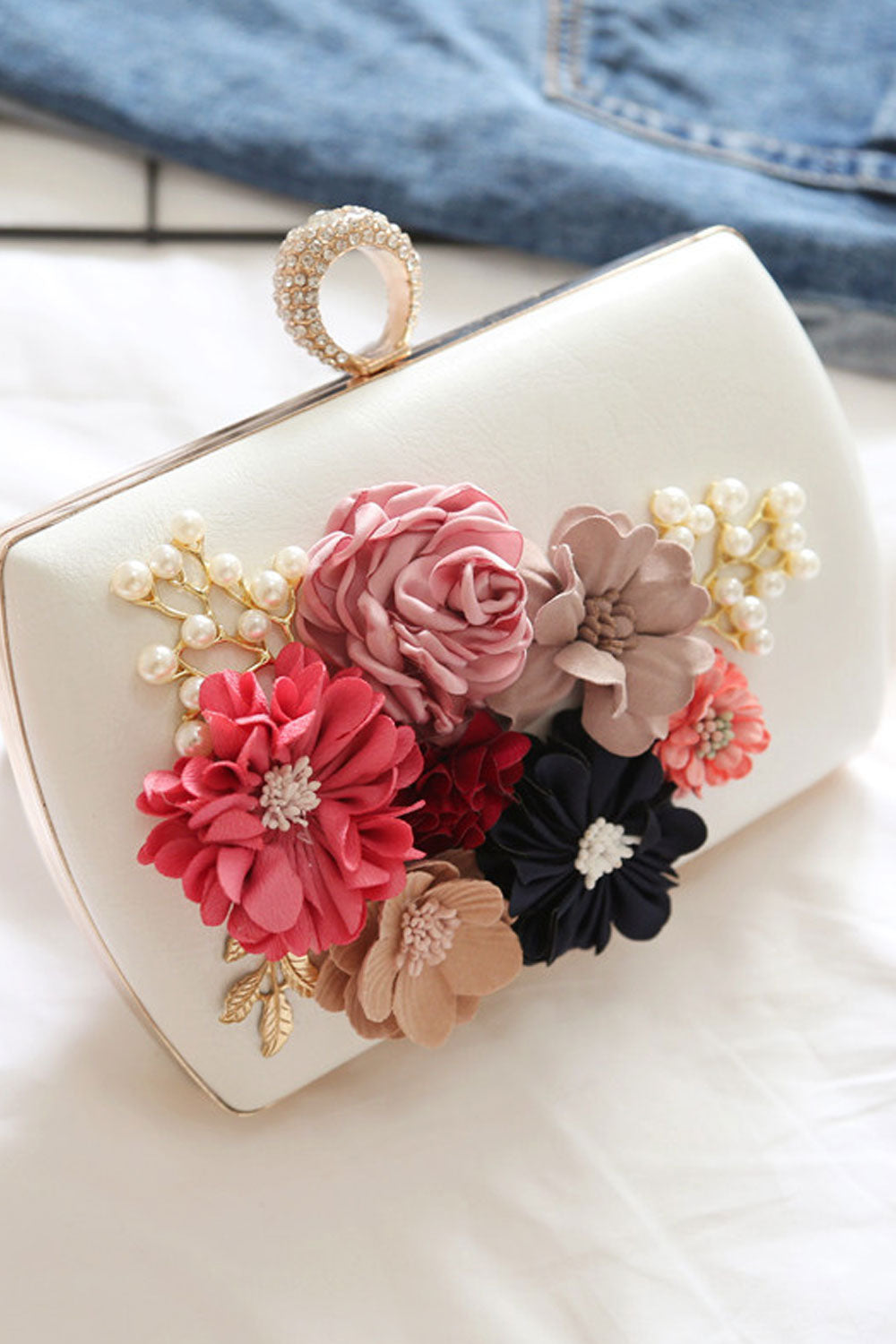 Women Fashion Flower Decorated Ring Hook Closure Diagonal Bag