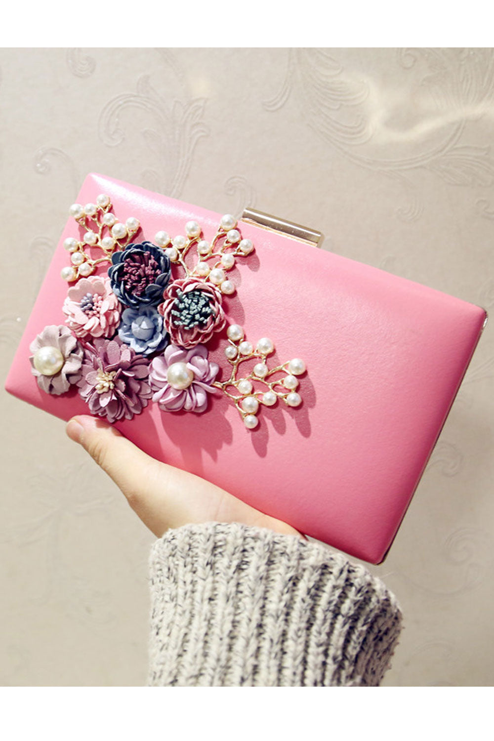 Women Fashion Pearl Flower Clutch Mini Bag