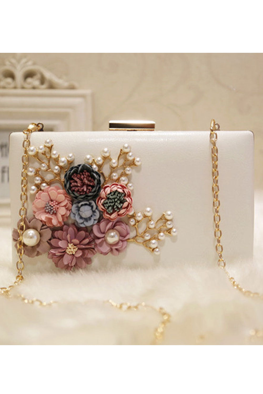 Women Fashion Pearl Flower Clutch Mini Bag