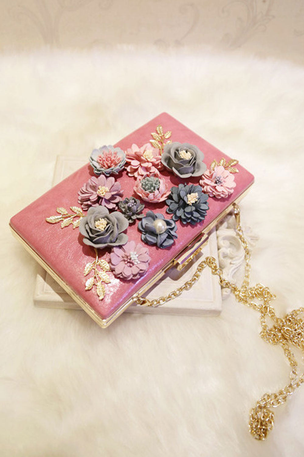 Women Solid Color Flower Decorated Diagonal Clutch Bag