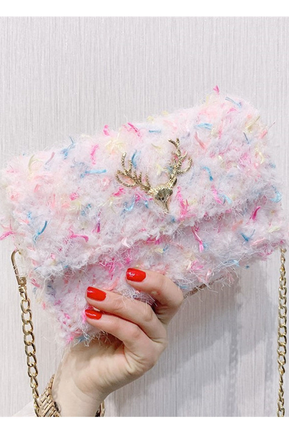 Women Crossbody Soft Hairy Button Closure Clutch Bag