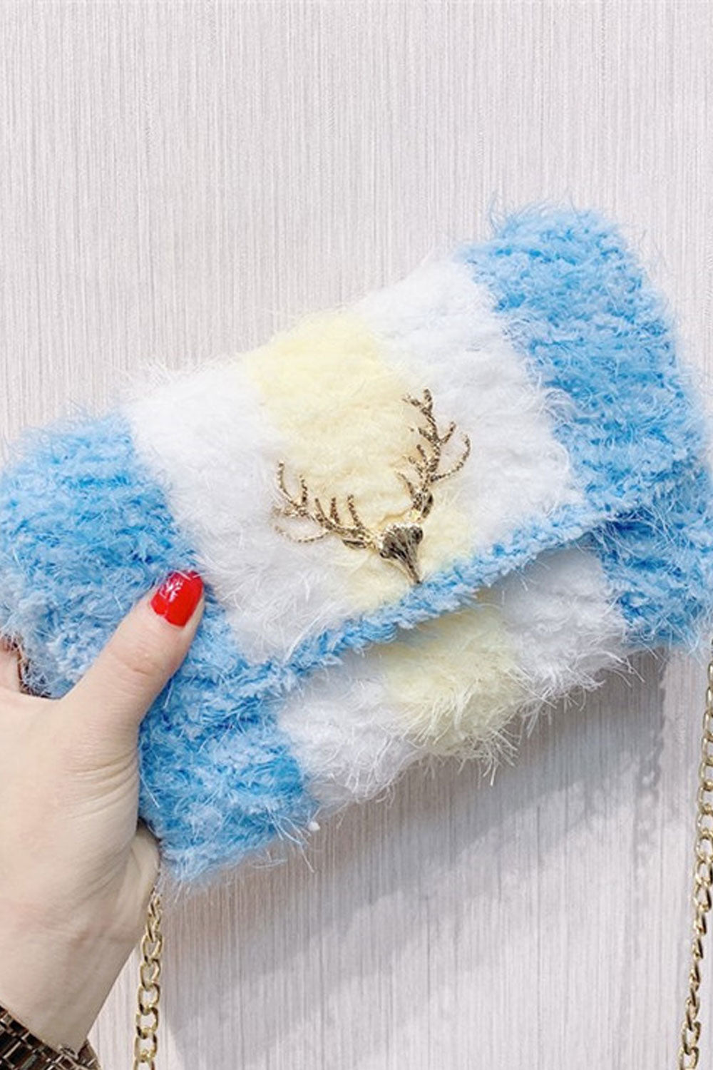 Women Crossbody Soft Hairy Button Closure Clutch Bag