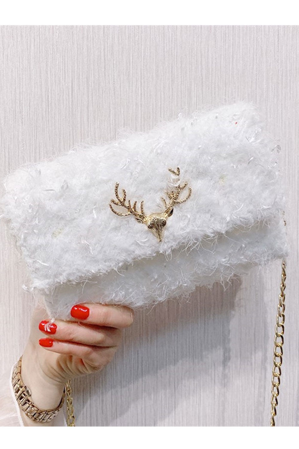 Women Crossbody Soft Hairy Button Closure Clutch Bag