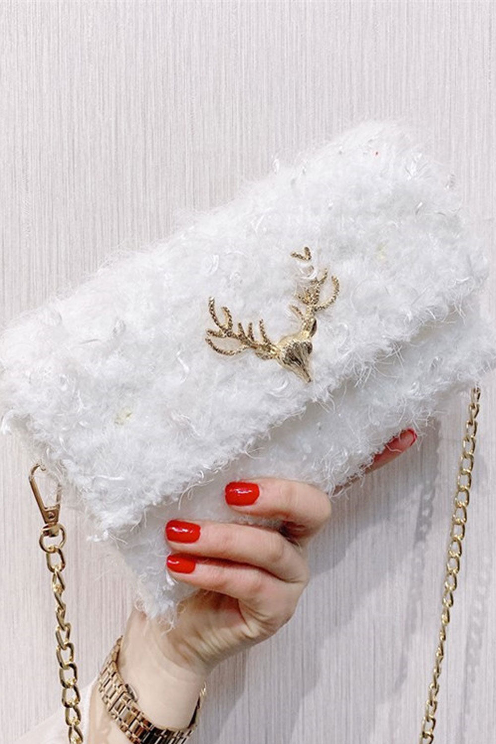 Women Crossbody Soft Hairy Button Closure Clutch Bag