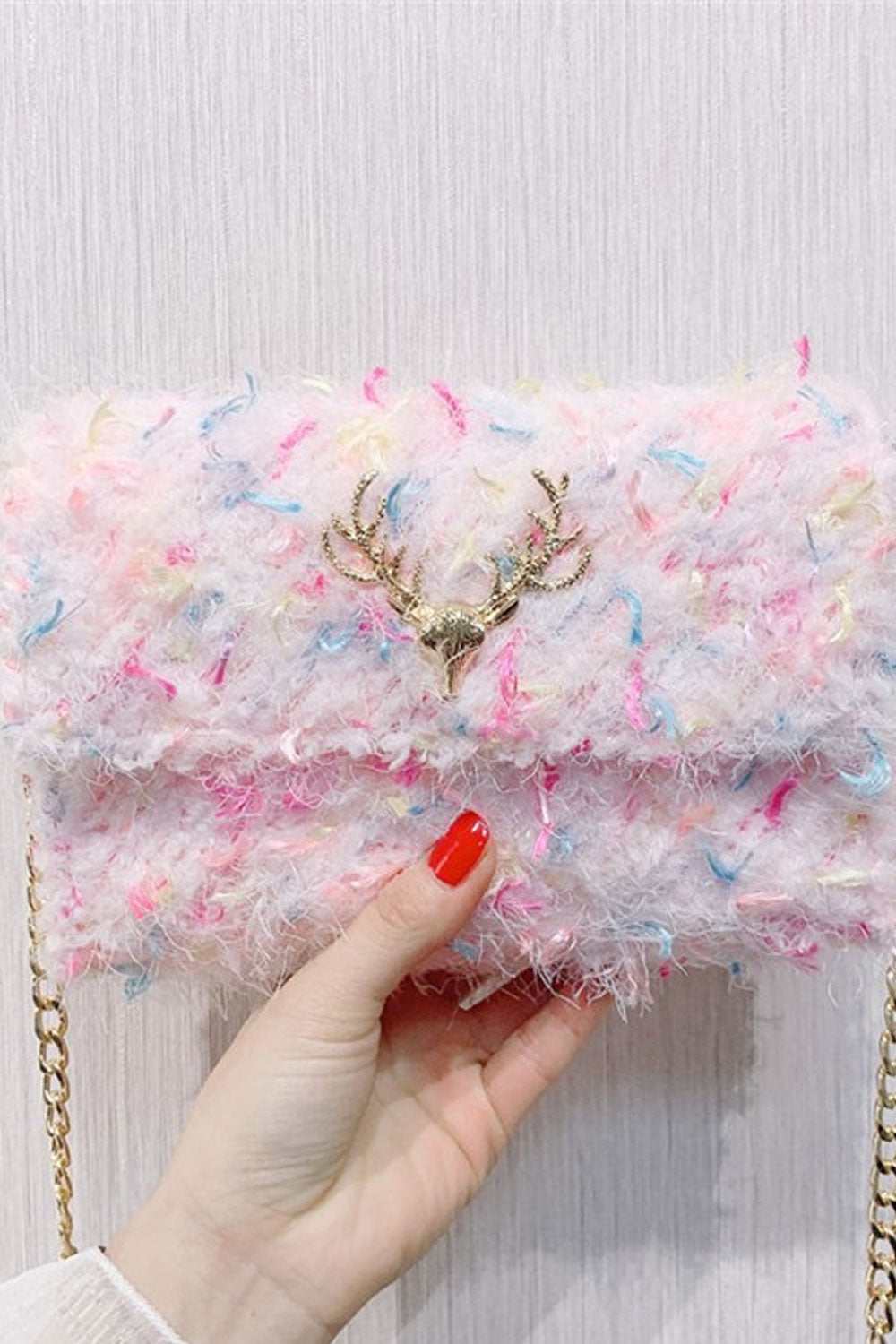 Women Crossbody Soft Hairy Button Closure Clutch Bag