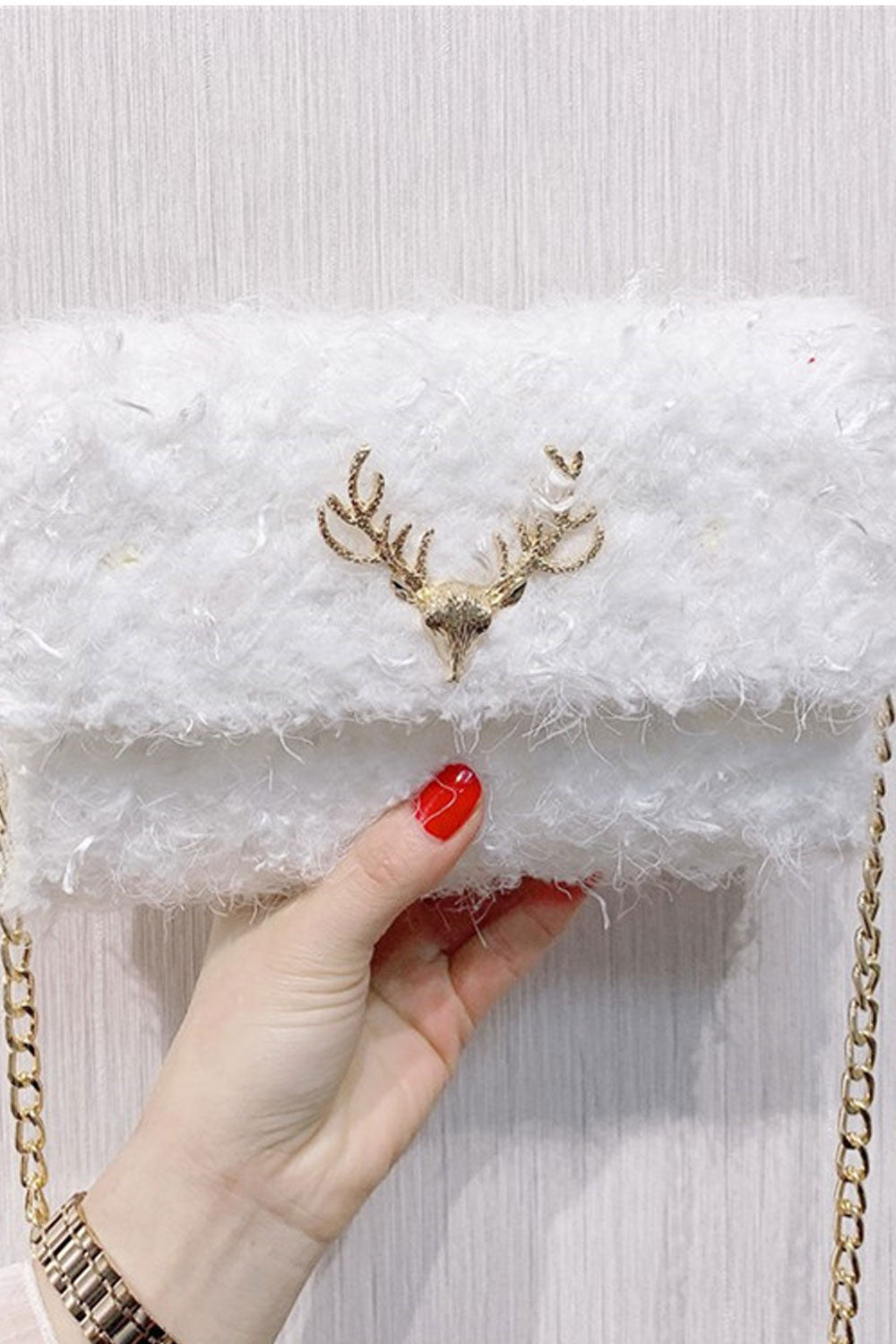 Women Crossbody Soft Hairy Button Closure Clutch Bag