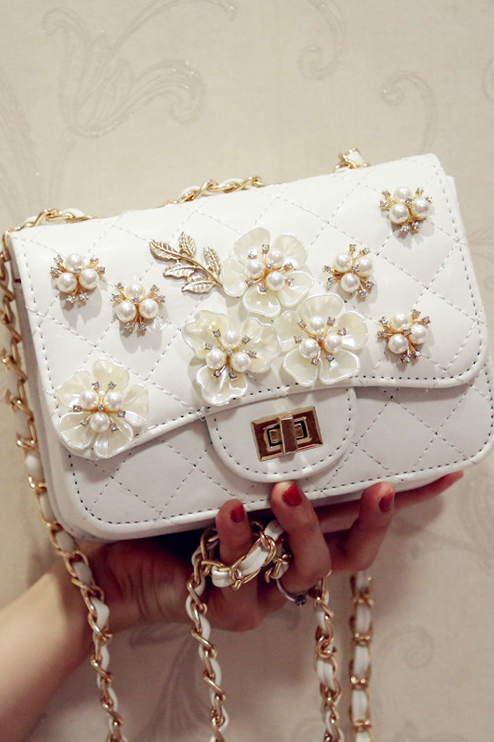 Women Pearl Flower Decorated Fashion Diagonal Bag