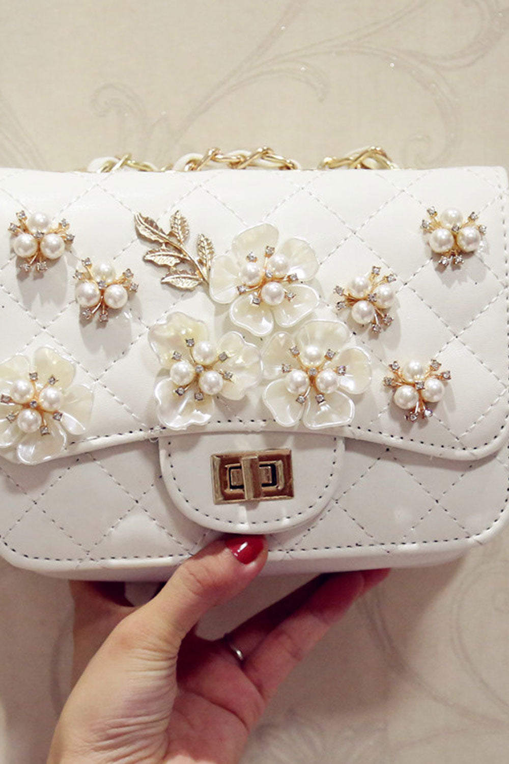 Women Pearl Flower Decorated Fashion Diagonal Bag