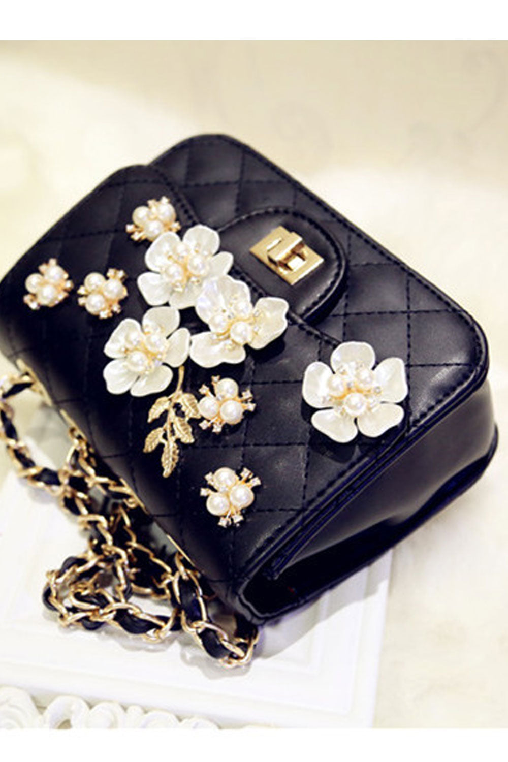 Women Pearl Flower Decorated Fashion Diagonal Bag