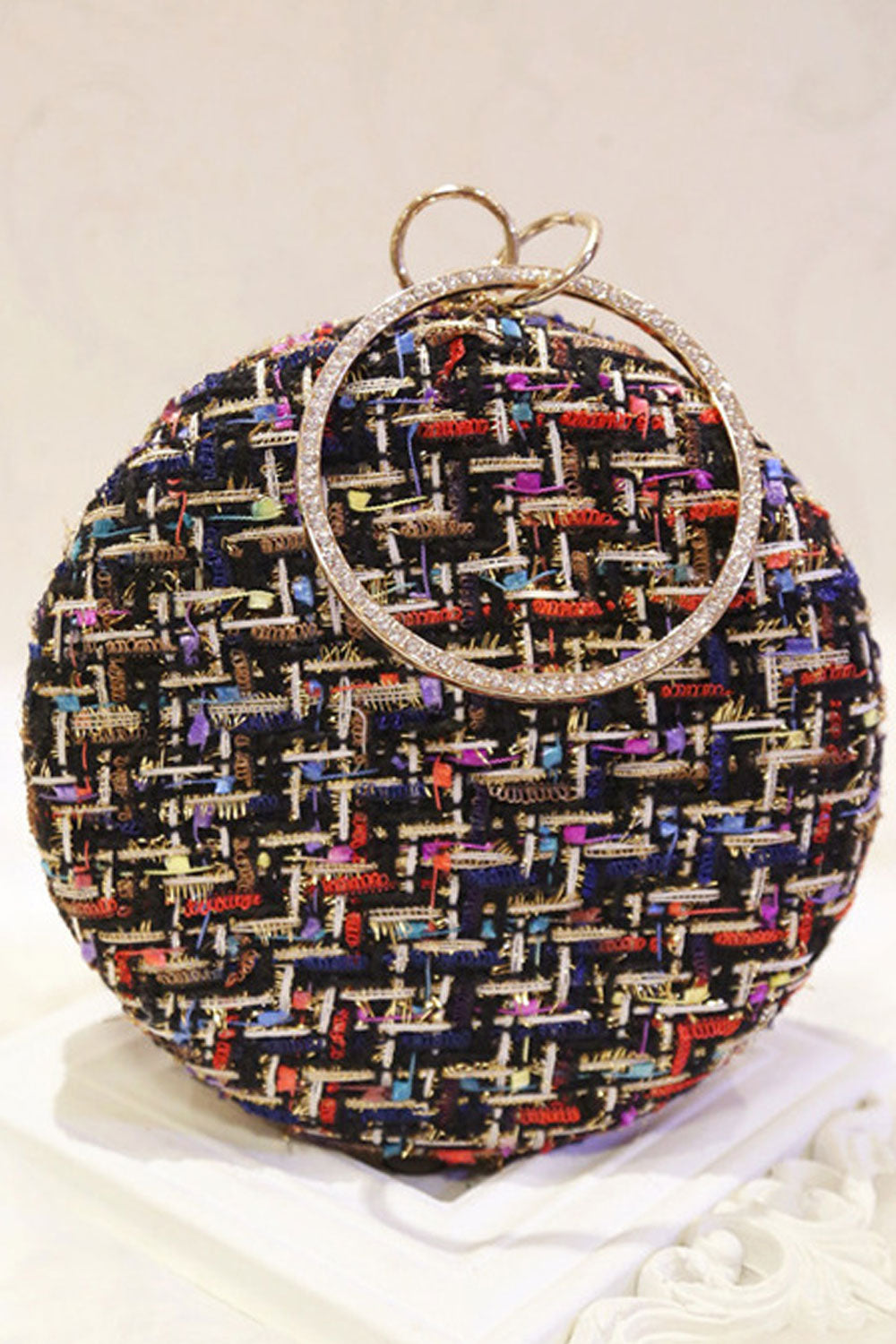 Women Elegant Beads Wool Round Mini Handbag