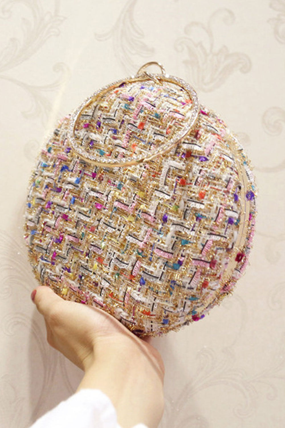Women Elegant Beads Wool Round Mini Handbag
