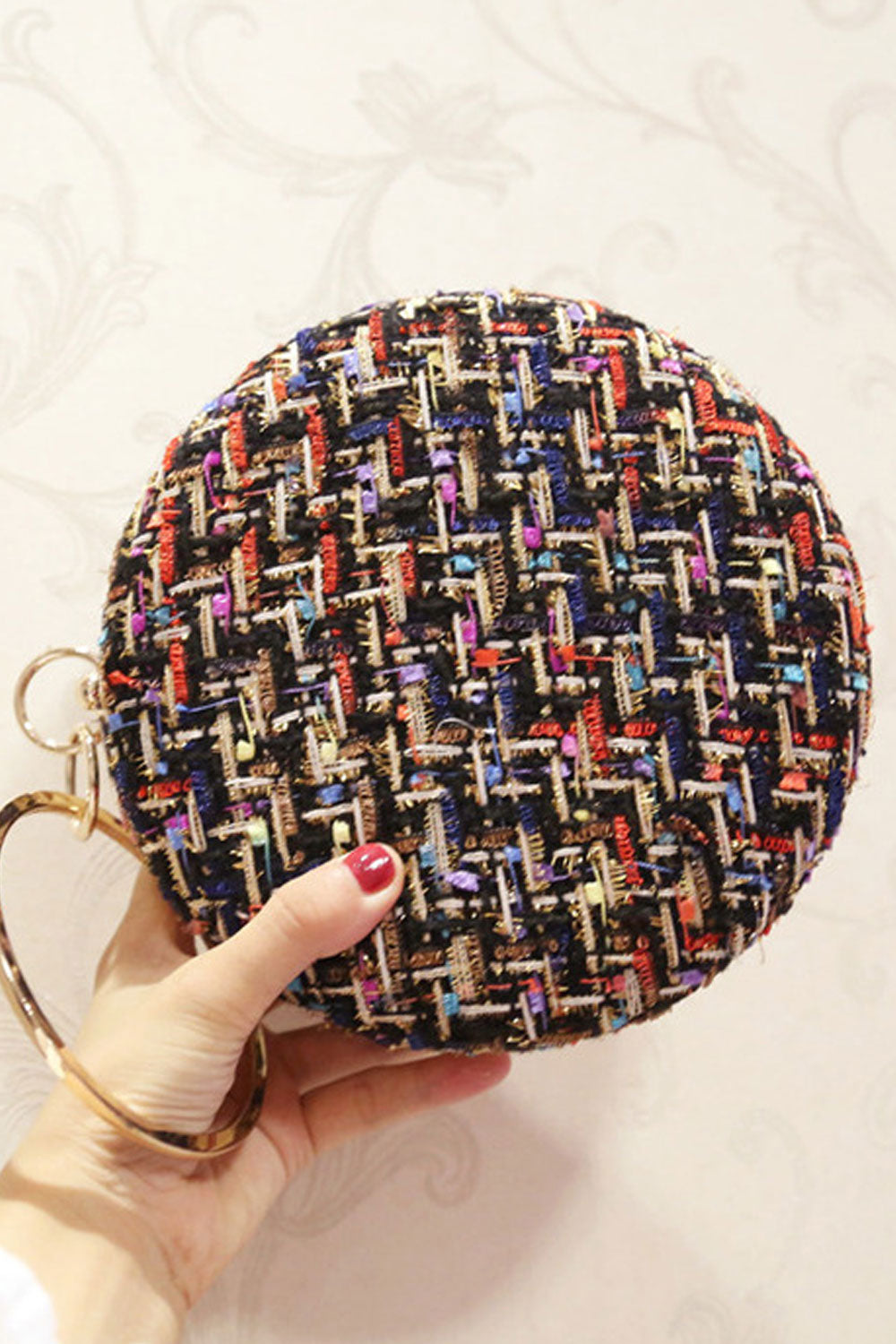 Women Elegant Beads Wool Round Mini Handbag