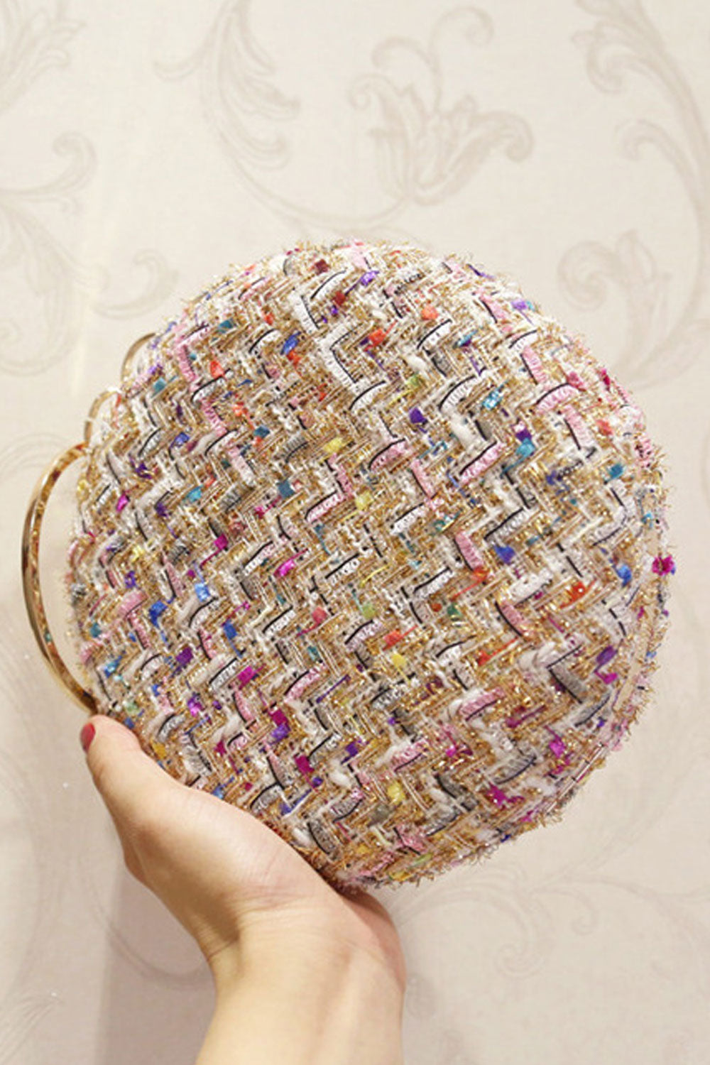 Women Elegant Beads Wool Round Mini Handbag
