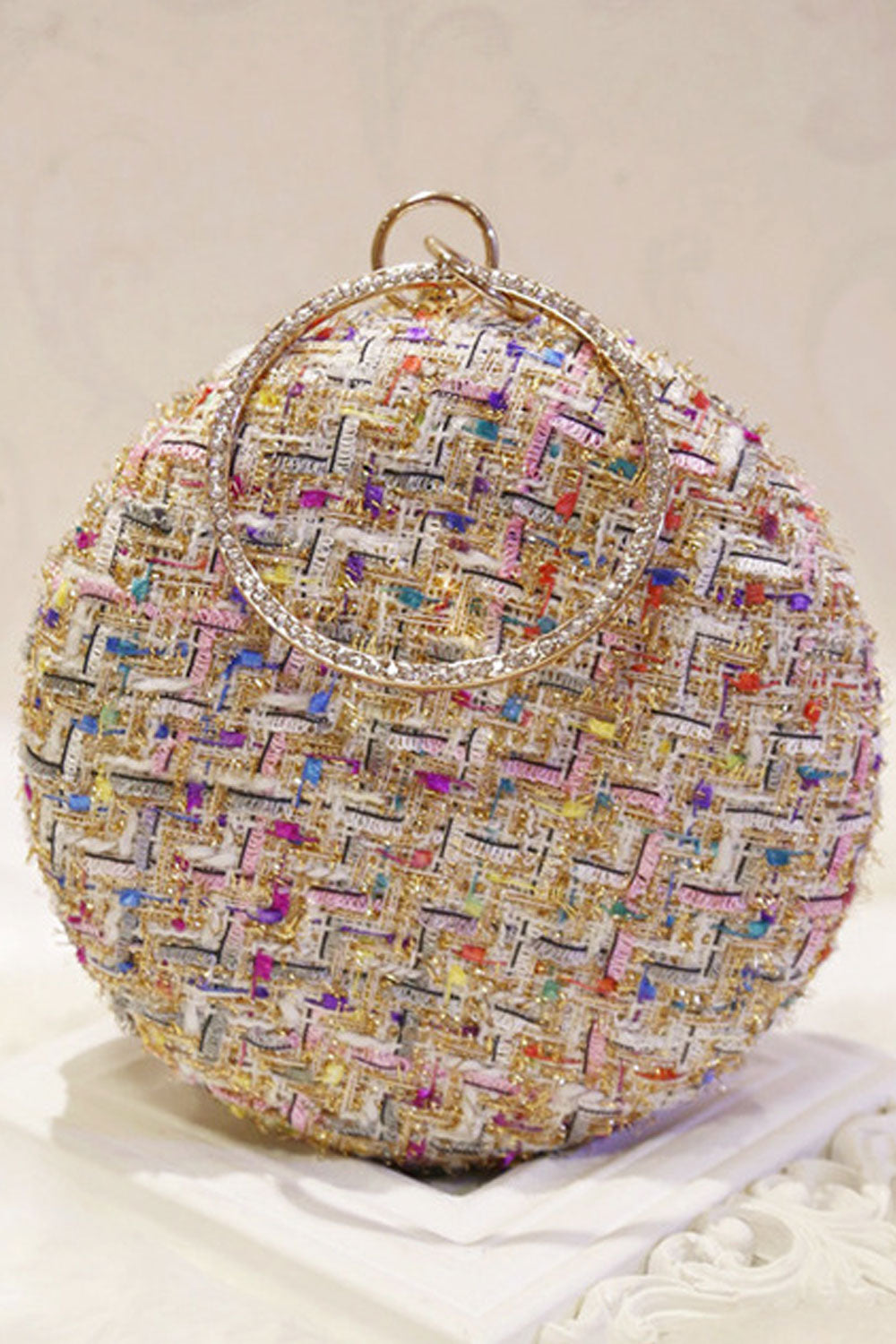 Women Elegant Beads Wool Round Mini Handbag