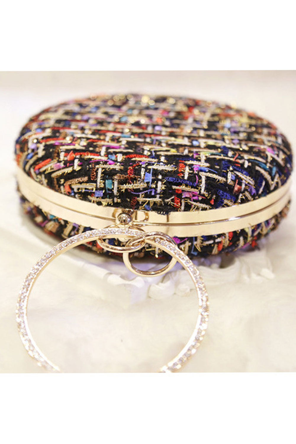 Women Elegant Beads Wool Round Mini Handbag