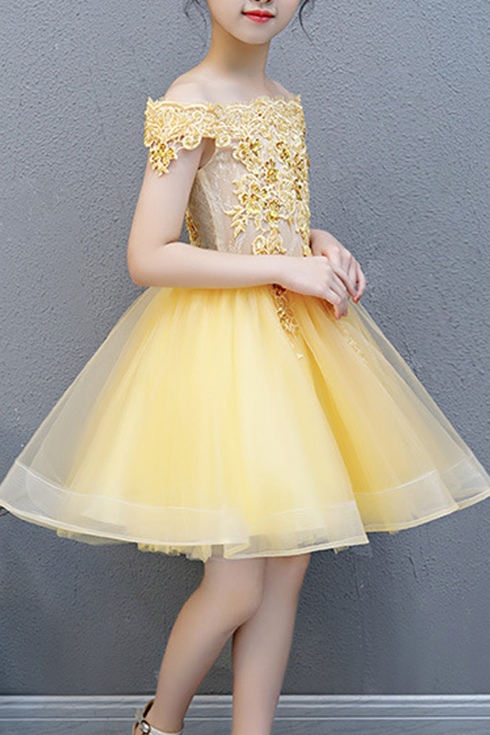 Kids Girls Lace Decorated Off Neck Elegant Dress