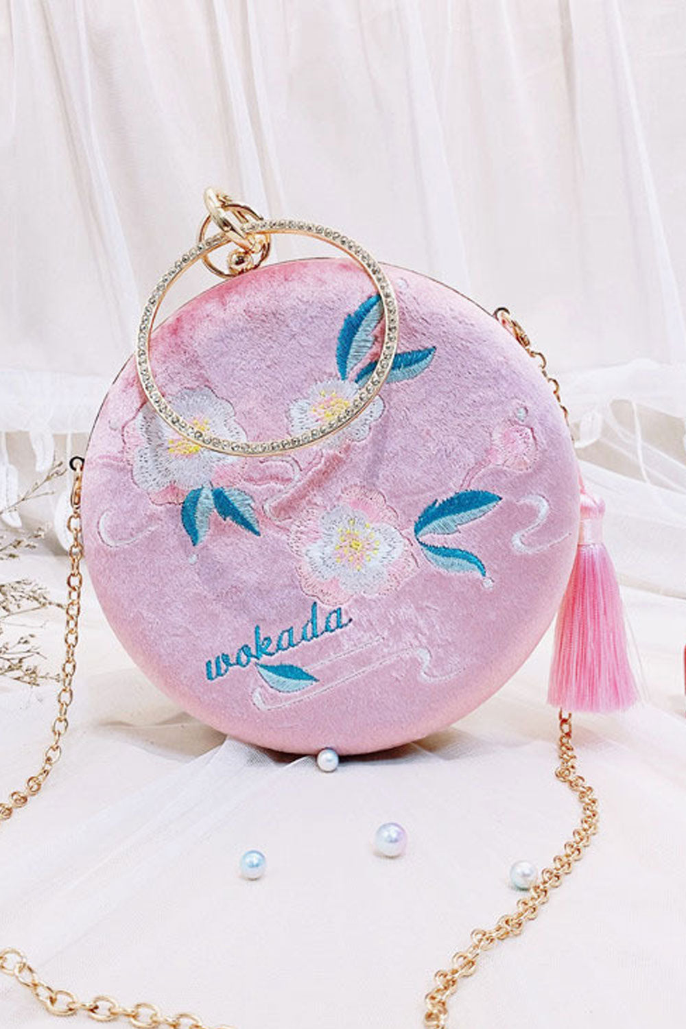 Women Flower Embroidered round Casual Clutch Bag