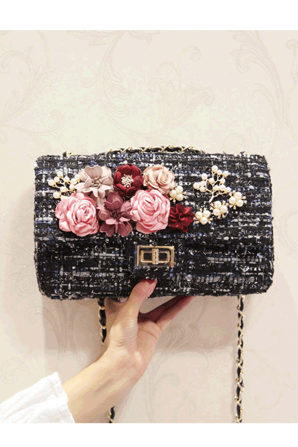 Women Fashion Flower Decorated Button Closure Party Bag