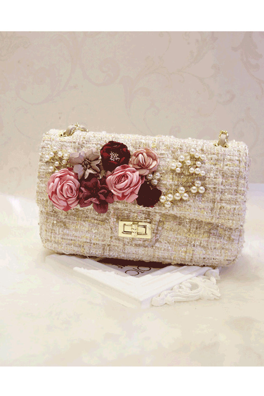 Women Fashion Flower Decorated Button Closure Party Bag