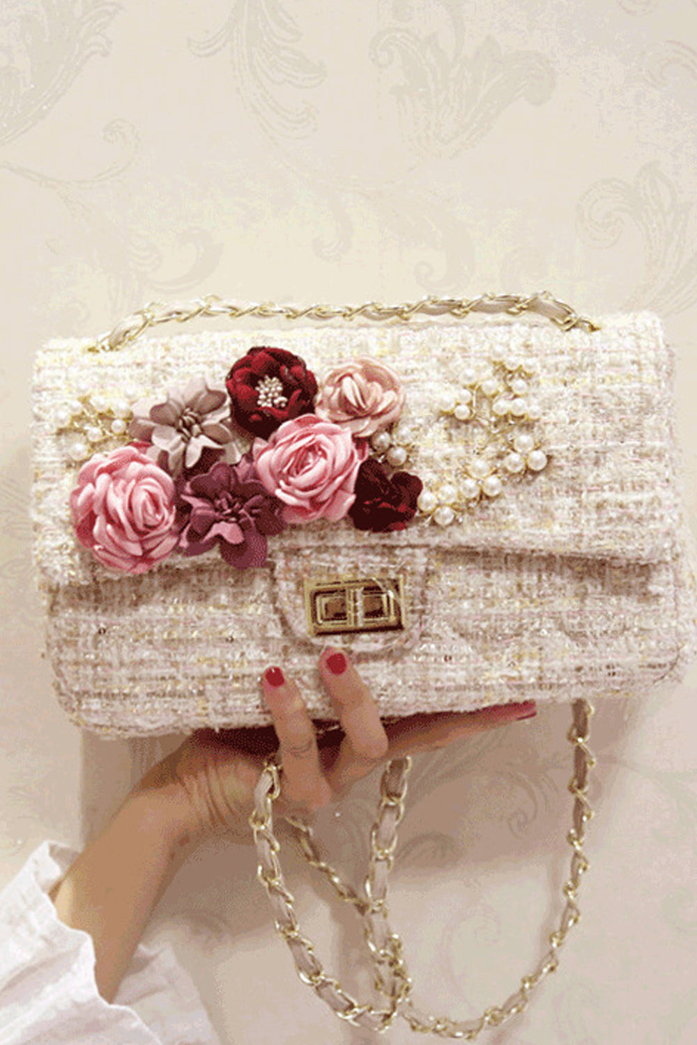 Women Fashion Flower Decorated Button Closure Party Bag
