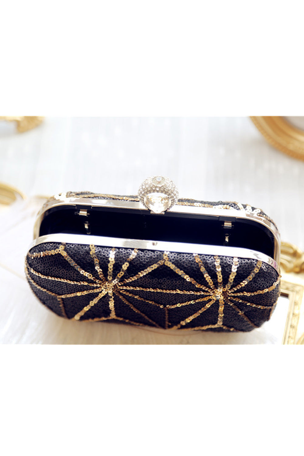 Women Sequin Decorated Ring Hook Closure Party Clutch Bag