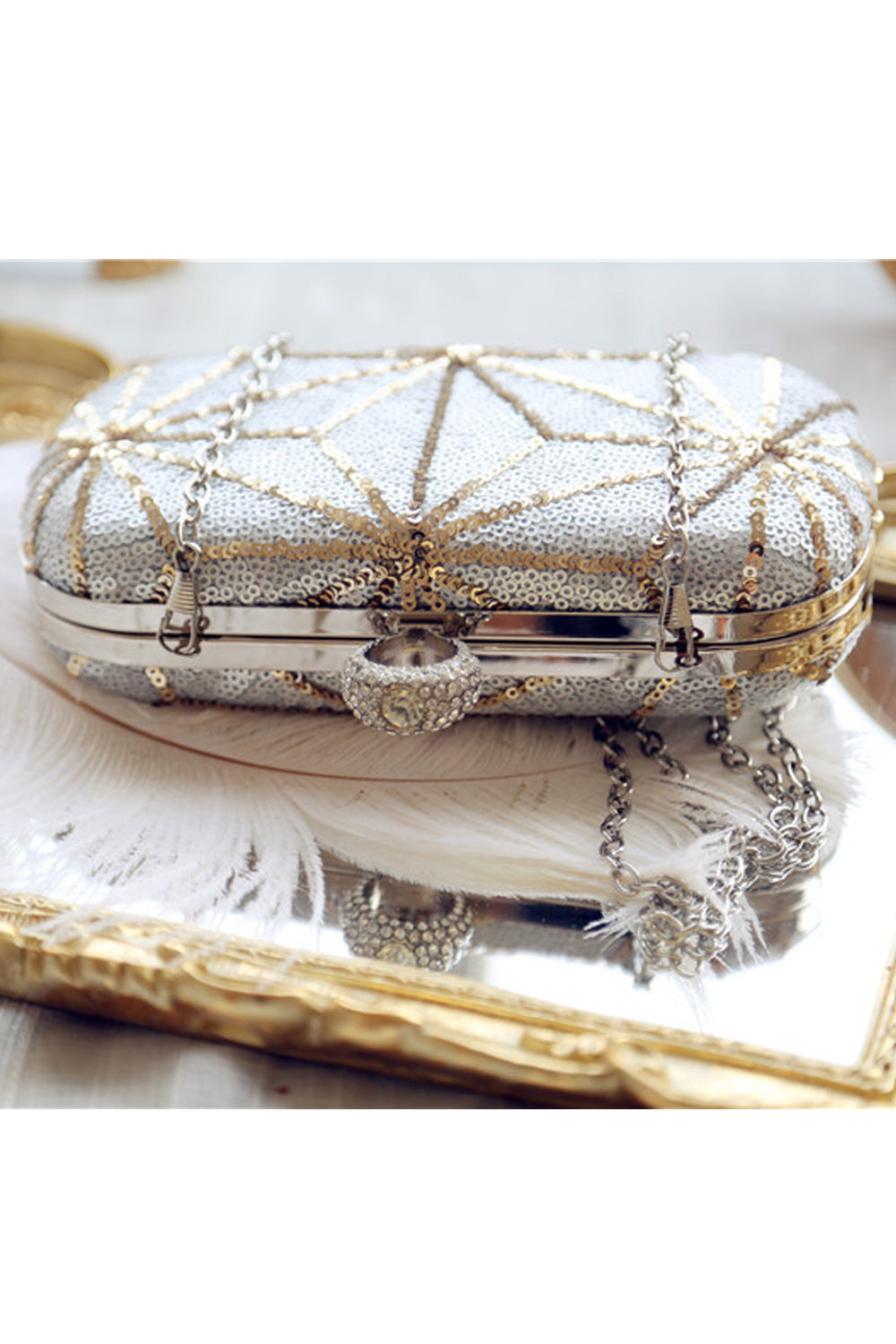 Women Sequin Decorated Ring Hook Closure Party Clutch Bag