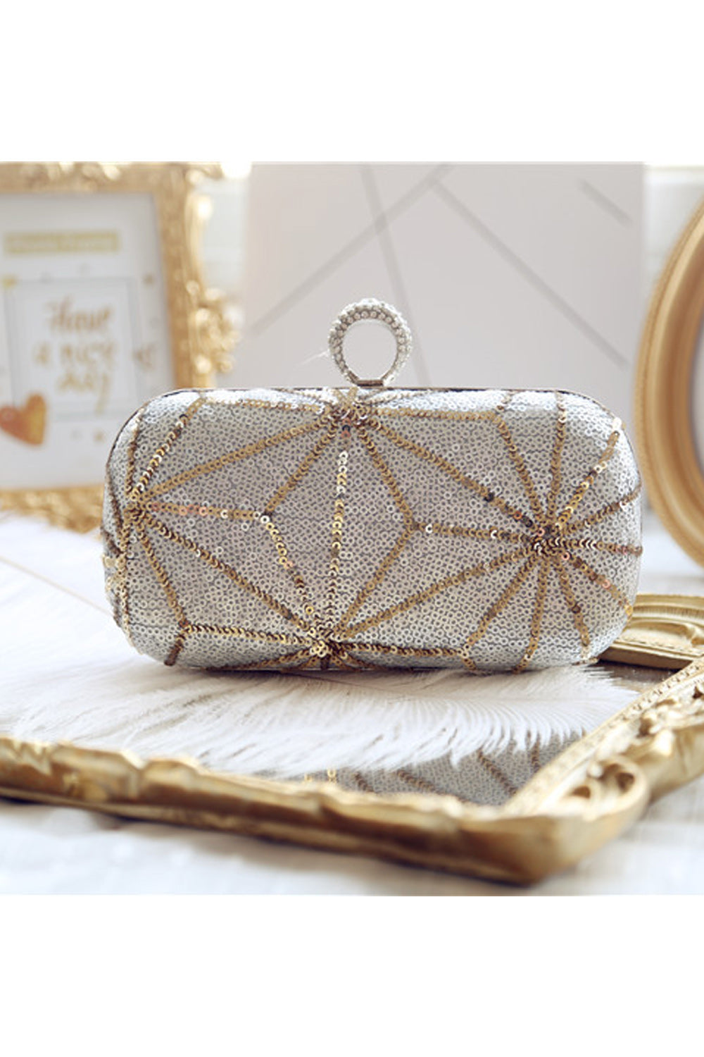 Women Sequin Decorated Ring Hook Closure Party Clutch Bag