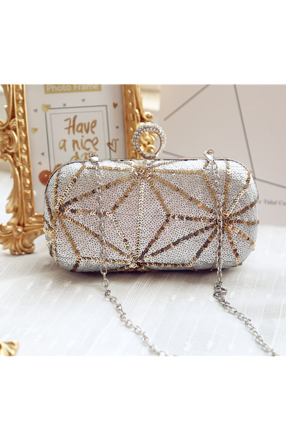 Women Sequin Decorated Ring Hook Closure Party Clutch Bag
