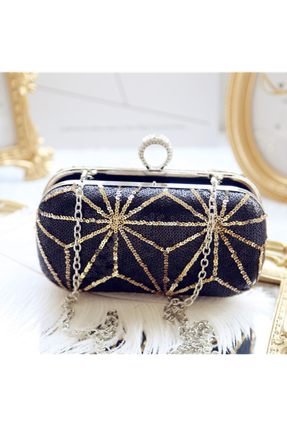 Women Sequin Decorated Ring Hook Closure Party Clutch Bag