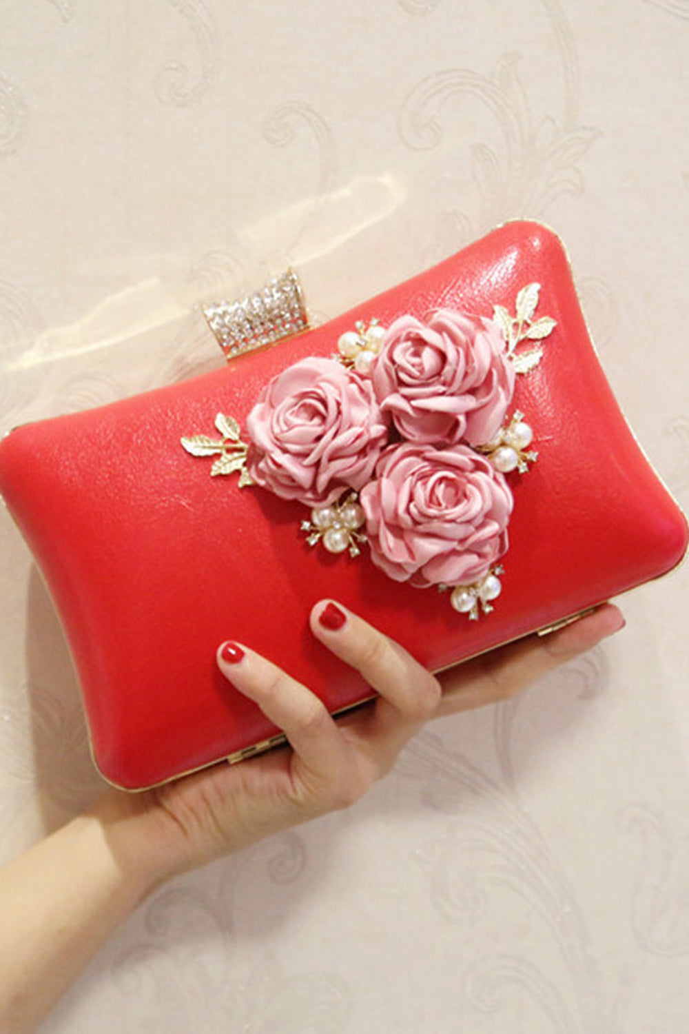 Women Flower Decorated Hook closure Clutch Bag