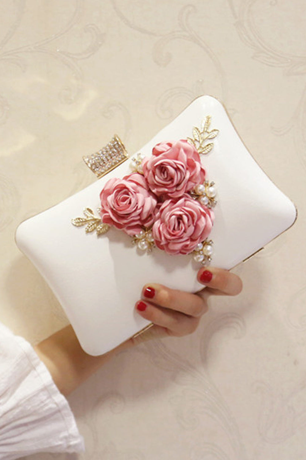 Women Flower Decorated Hook closure Clutch Bag