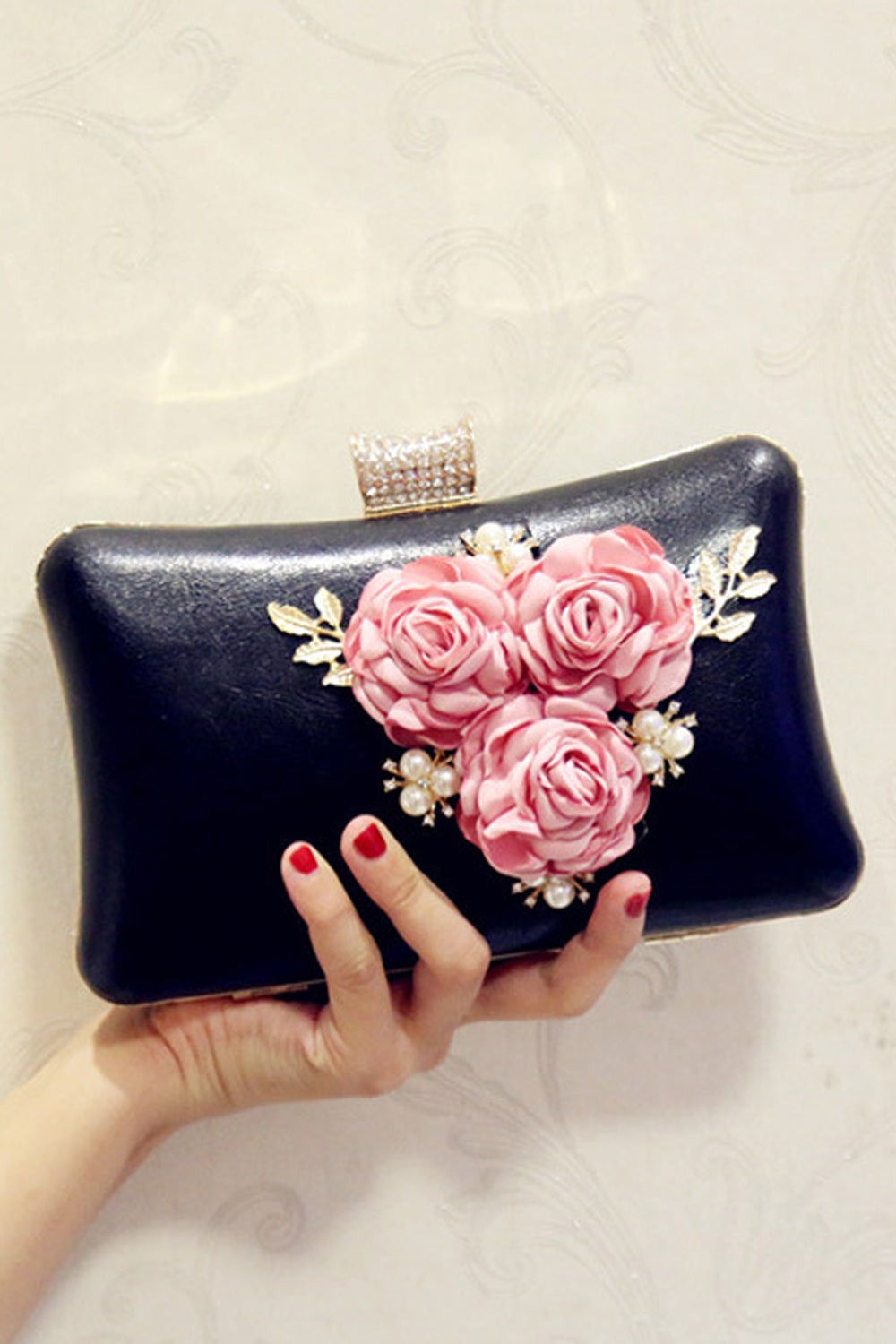 Women Flower Decorated Hook closure Clutch Bag
