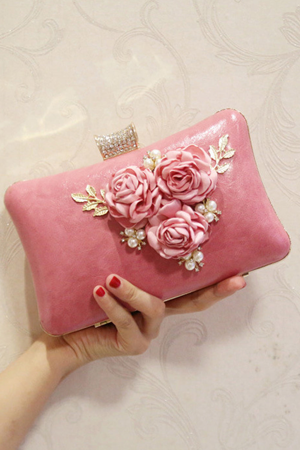 Women Flower Decorated Hook closure Clutch Bag