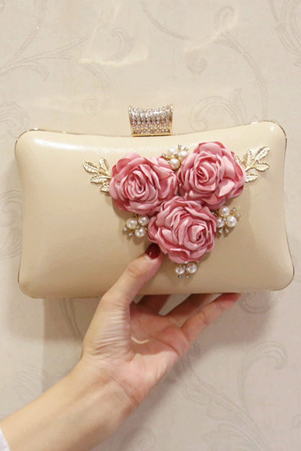 Women Flower Decorated Hook closure Clutch Bag